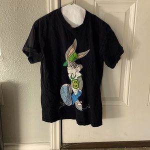 gray green blue and white bugs bunny on black medium sized shirt